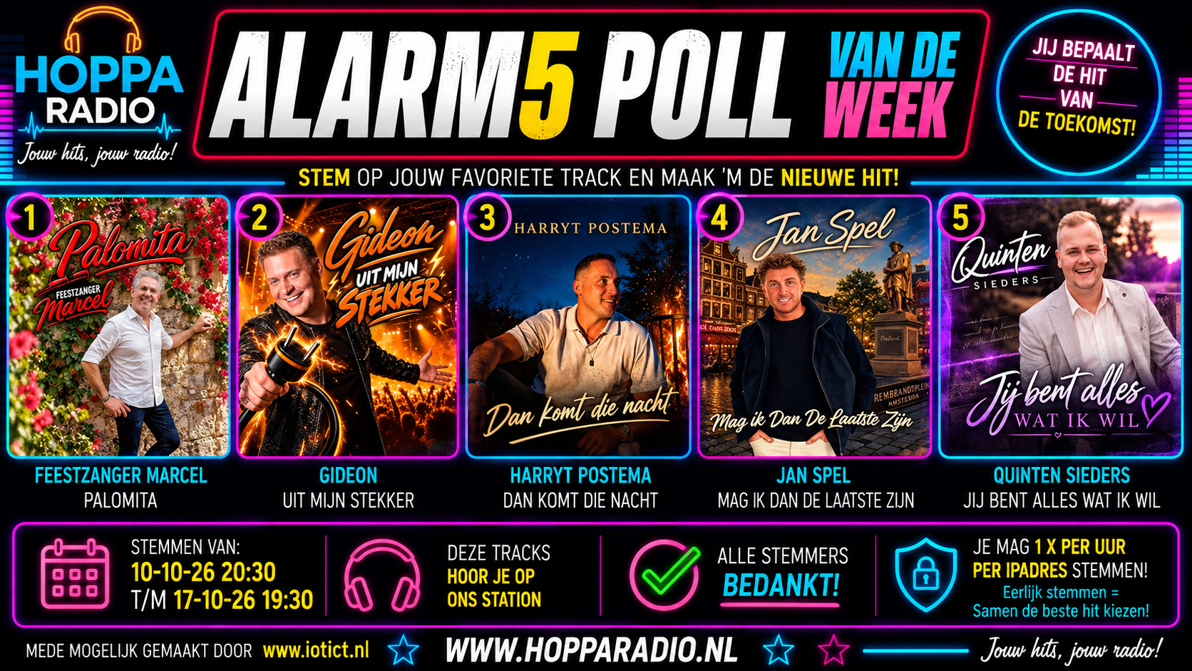 Alarm5 Poll van de week. De vijf kandidaten en stemperiode staan ook onder de flyer.