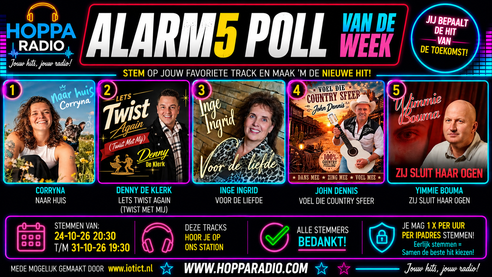 Alarm5 Poll van de week. De vijf kandidaten en stemperiode staan ook onder de flyer.